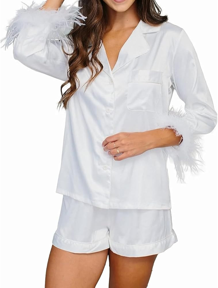Women Fur Feather Trim Valentine's Day Pajamas Long Sleeve Button-Down Top + Shorts Satin Silk Lo... | Amazon (US)