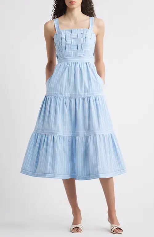 Eliza J Square Neck Basketweave Bodice Midi Dress in Blue White at Nordstrom, Size 18 | Nordstrom