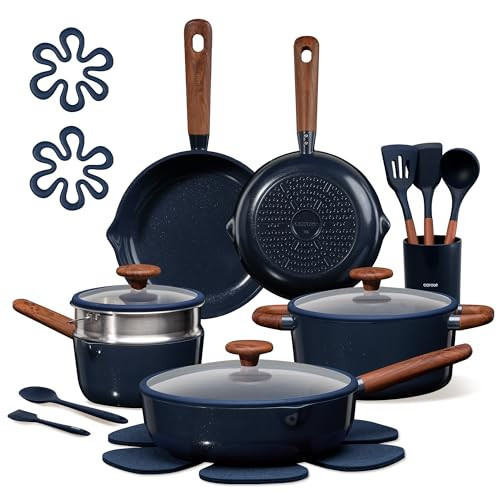 CAROTE 21pcs Cookware Set Nonstick Pots and Pans Set, Ceramic Cookware Set Induction Cookware, Non toxic Healthy Non Stick Kitchen Cooking Set, PFAS PTFE Free, Blue | Amazon (US)