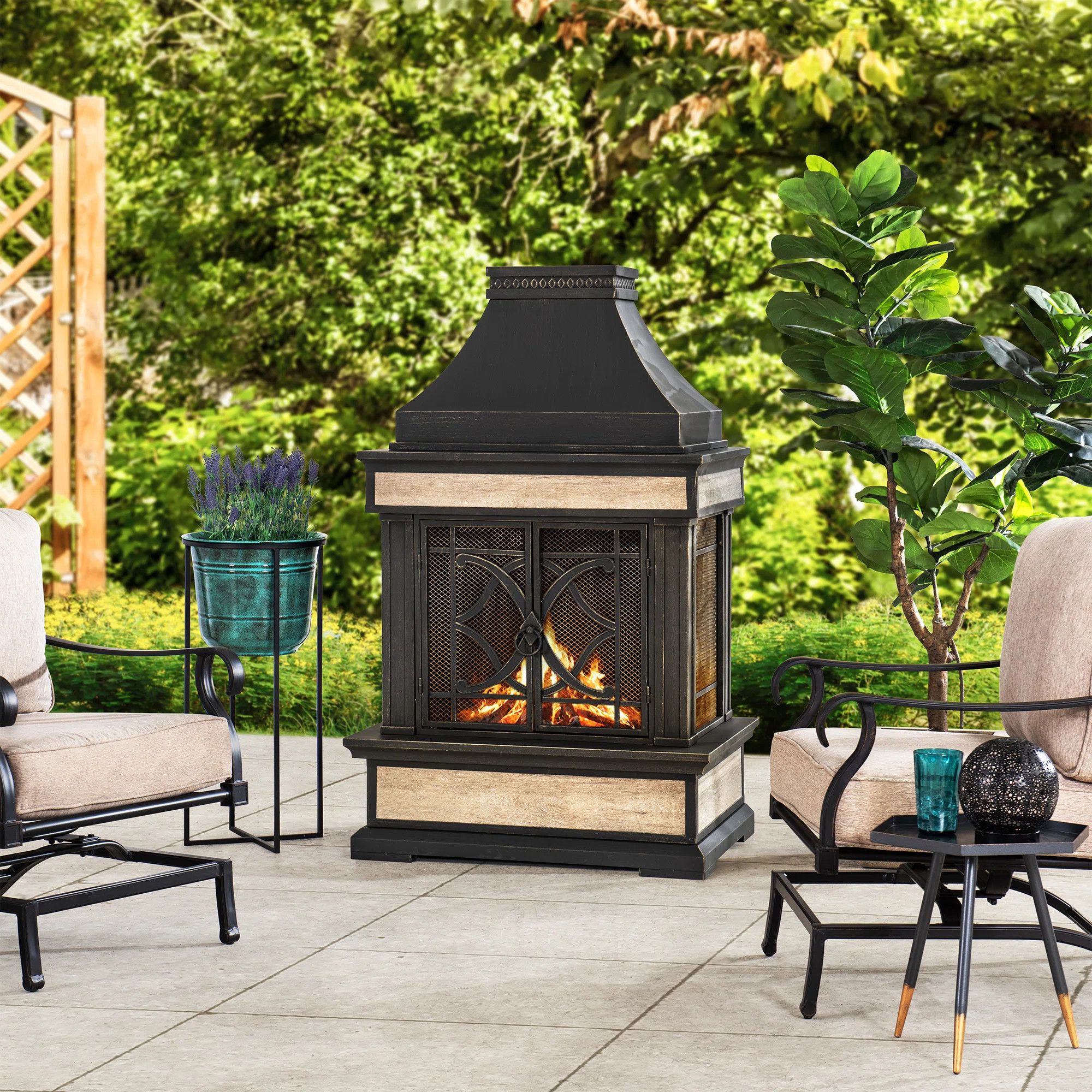 Sunjoy Sofie Outdoor Fireplace, Heirloom Patio Wood Burning Steel Fireplace with Chimney, Spark S... | Wayfair North America