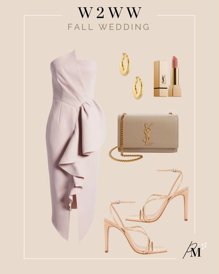 reception ruffle dress 
gold hoop earring 
ysl kate bag
nude strappy heel 

#LTKstyletip #LTKSeasonal #LTKwedding