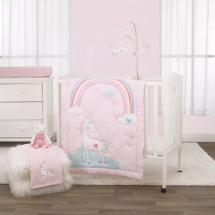 Little Love By NoJo Rainbow Unicorn Mini Crib Bedding Set - Pink/Aqua/Yellow 3pc | Target