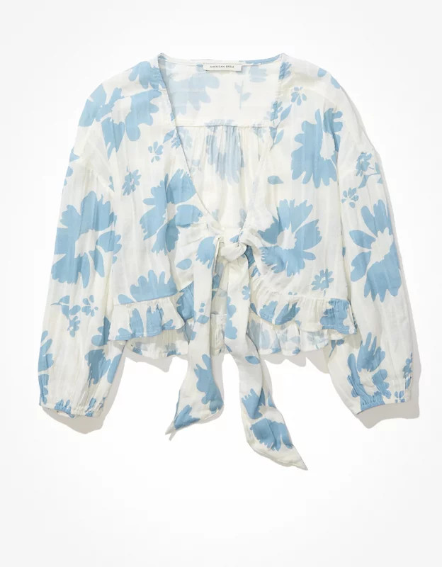 AE V-Neck Lace Tie-Front Blouse | American Eagle Outfitters (US & CA)