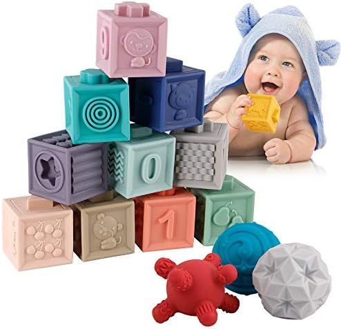 BOBXIN 15 PCS Baby Blocks Toys Soft Stacking Blocks Baby Montessori Sensory Ball Teether Infant B... | Amazon (US)