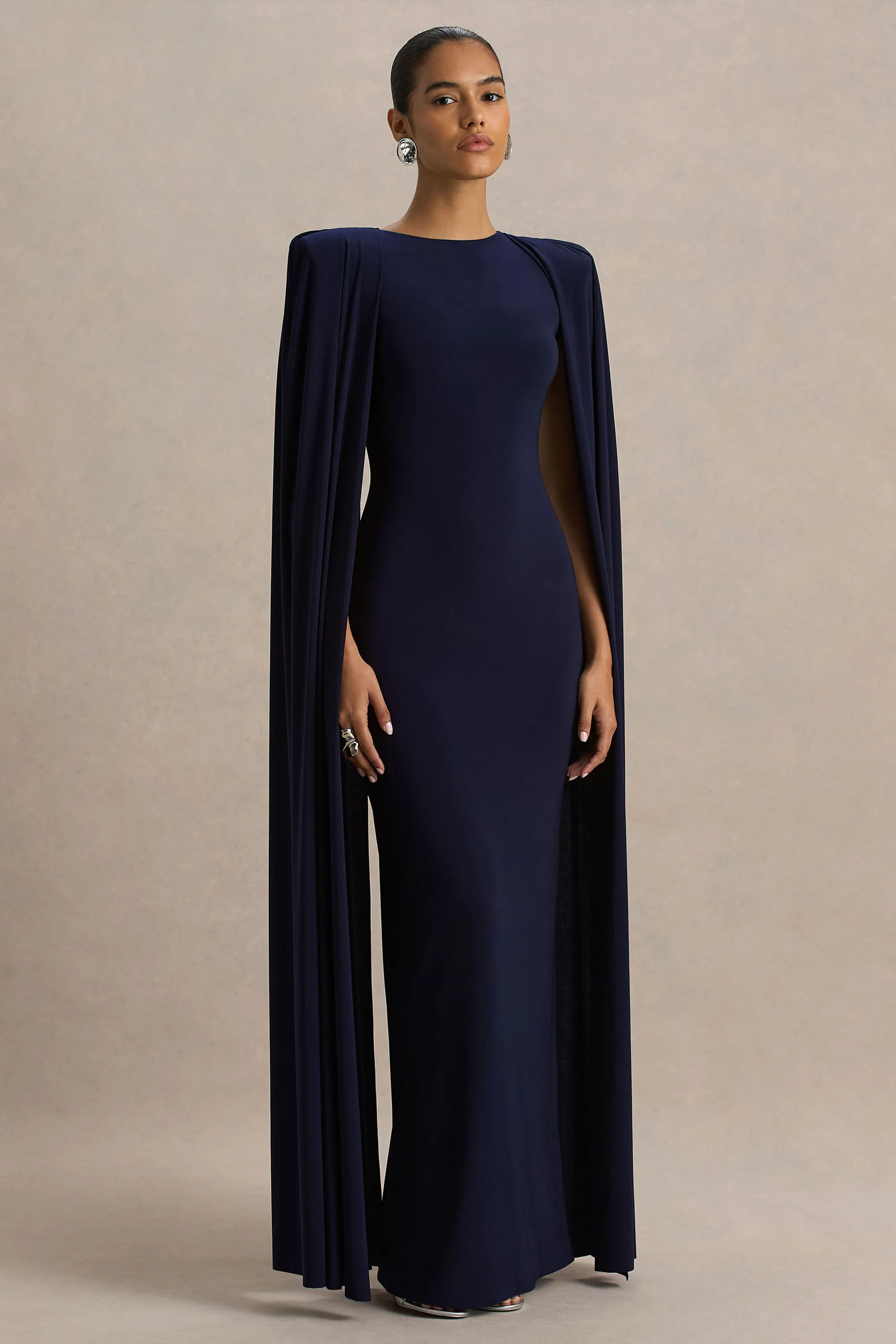 Mimi | Navy High-Neck Maxi Dress With Cape Sleeve Detail | Club L London