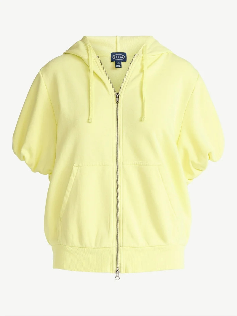Scoop Women’s Mineral Washed Zip Hoodie with Short Puff Sleeves, Sizes XS-XXL | Walmart (US)