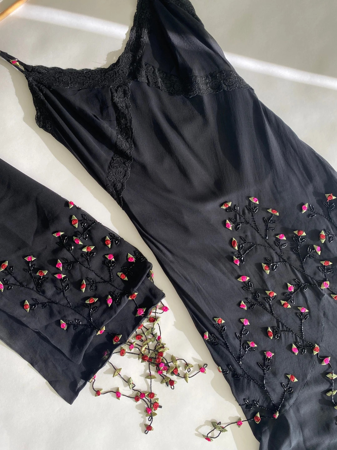 1990s Black Silk Dress With Beaded Floral Embellishments and - Etsy | Etsy (US)
