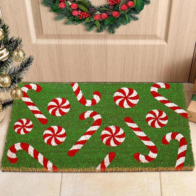 Whaline Christmas Door Mat Natural Coir Welcome Floor Mat Green Xmas Candy Cane Rectangle Entranc... | Amazon (US)