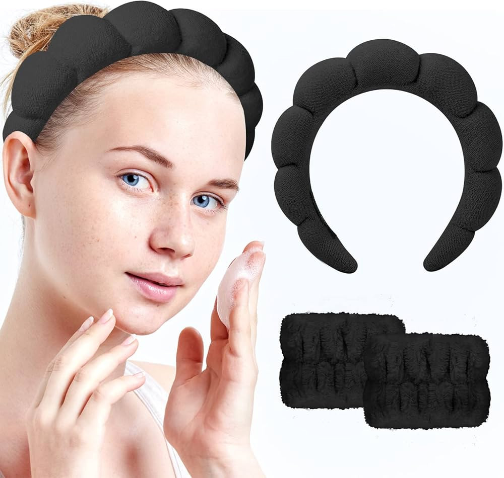 Sponge Spa Headband for Women, Spa Terry Towel Cloth Fabric Head Band with 2PCS Wrist Washband, S... | Amazon (US)