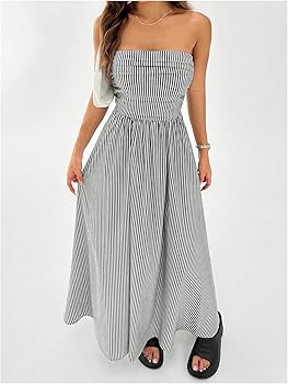 Milumia Women's Striped Strapless Maxi Dress Summer Casual Tube Top Long Dresses with Pocket | Amazon (US)