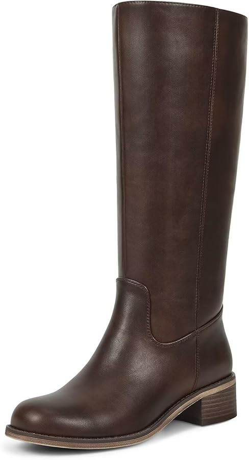 ISNOM Knee High Boots for Women Round Toe Chunky Block Riding Tall Boots with Side Zipper and Low... | Amazon (US)