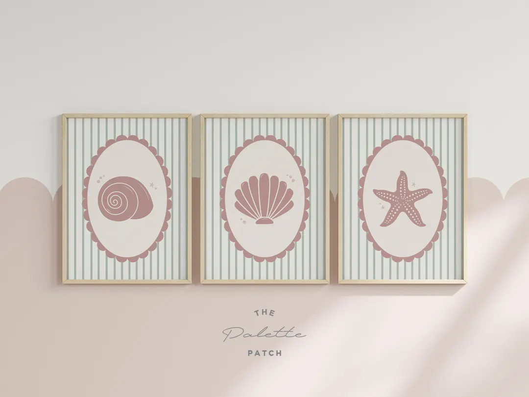 Set of 3 Dusty Pink Seashells Printable Wall Art, Girls Vintage Ocean Theme Nursery, Sage Green C... | Etsy (US)