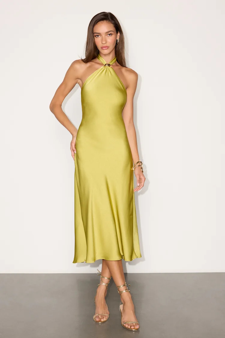 Lorissa Chartreuse Satin Halter Midi Dress | Lulus