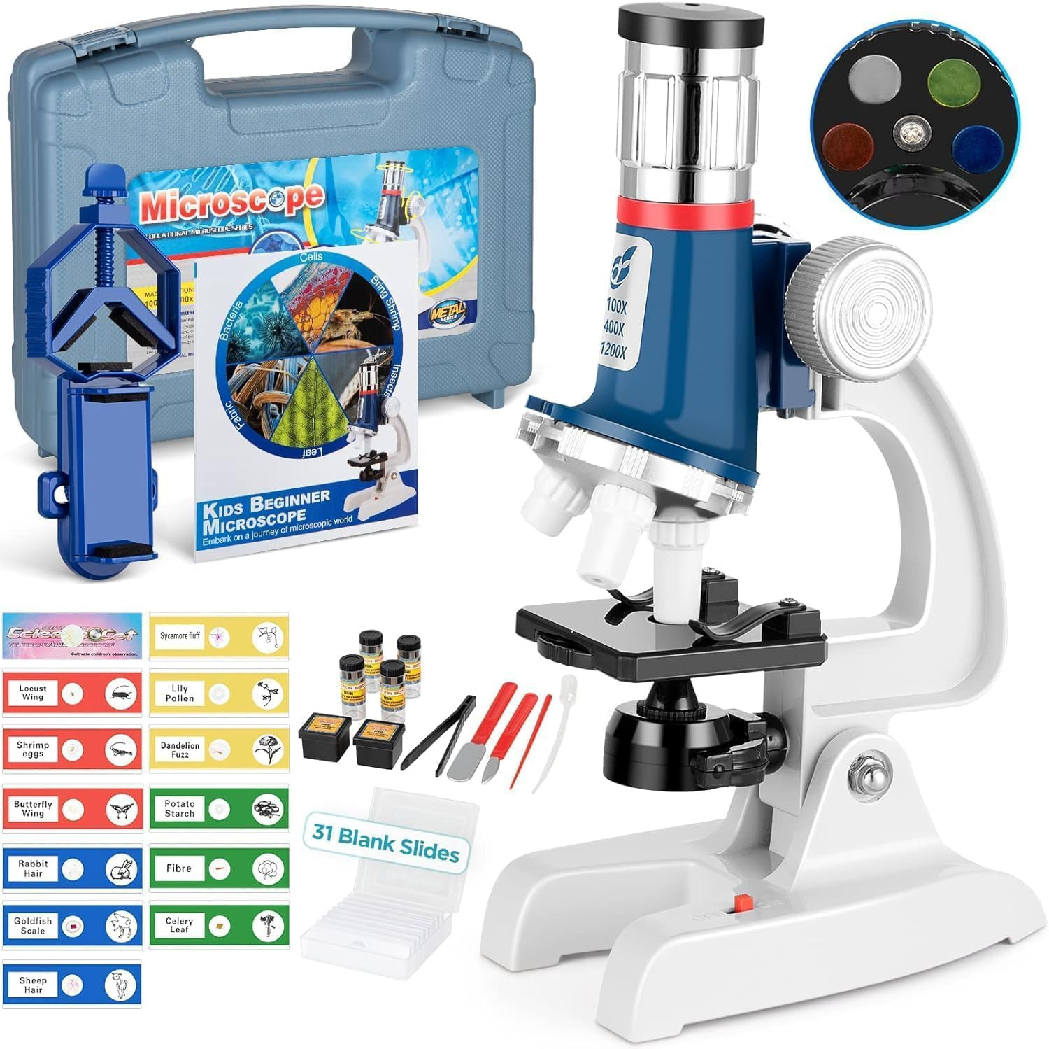 58-Piece Kids Microscope Kit - 100X-1200X Magnification, Metal Body, LED Light, Carrying Box - Science Experiment Toy for Kids Ages 5-12 | Amazon (US)
