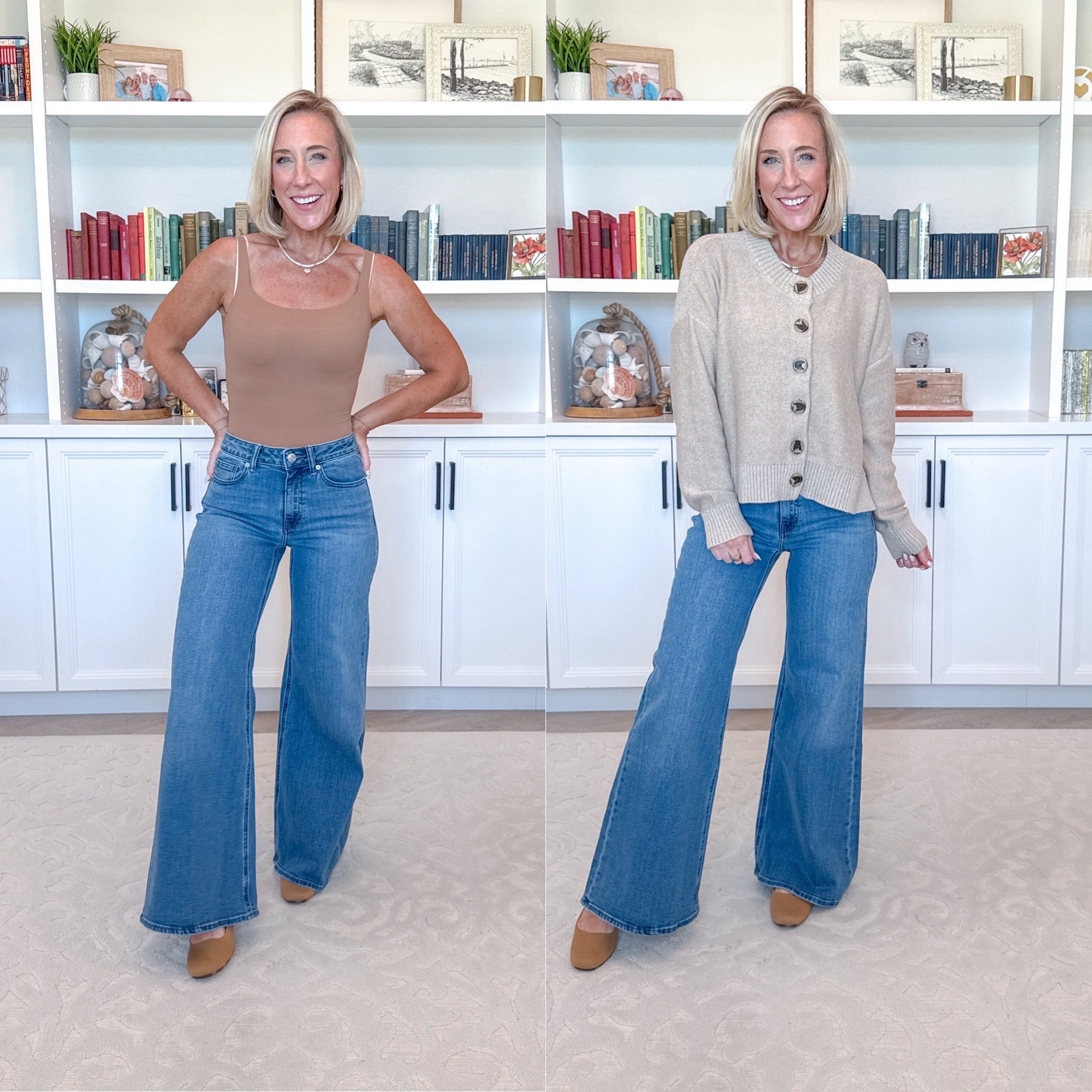 Quince - denim & dresses (pieces I loved so much, I re-ordered!) * 100% Organic Cotton Cropped Cardigan - size Small. Color: Cement Marl. * Second Skin Square Neck Tank Bodysuit - size Small. Color: Mocha. 2. Bella Stretch Palazzo Jeans - Size: 25. Color: Seaside Blue (3 colors). (On final sale!) #quincepartner @quince

 

 