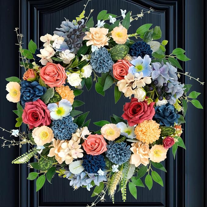22 inch Spring Wreath Artificial Flower Wreaths Spring Summer Yellow Blue Rose Hydrangea Wreaths ... | Amazon (US)