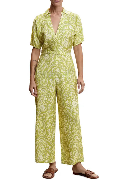 MANGO Paisley Floral Print Jumpsuit in Pastel Green at Nordstrom, Size X-Large | Nordstrom
