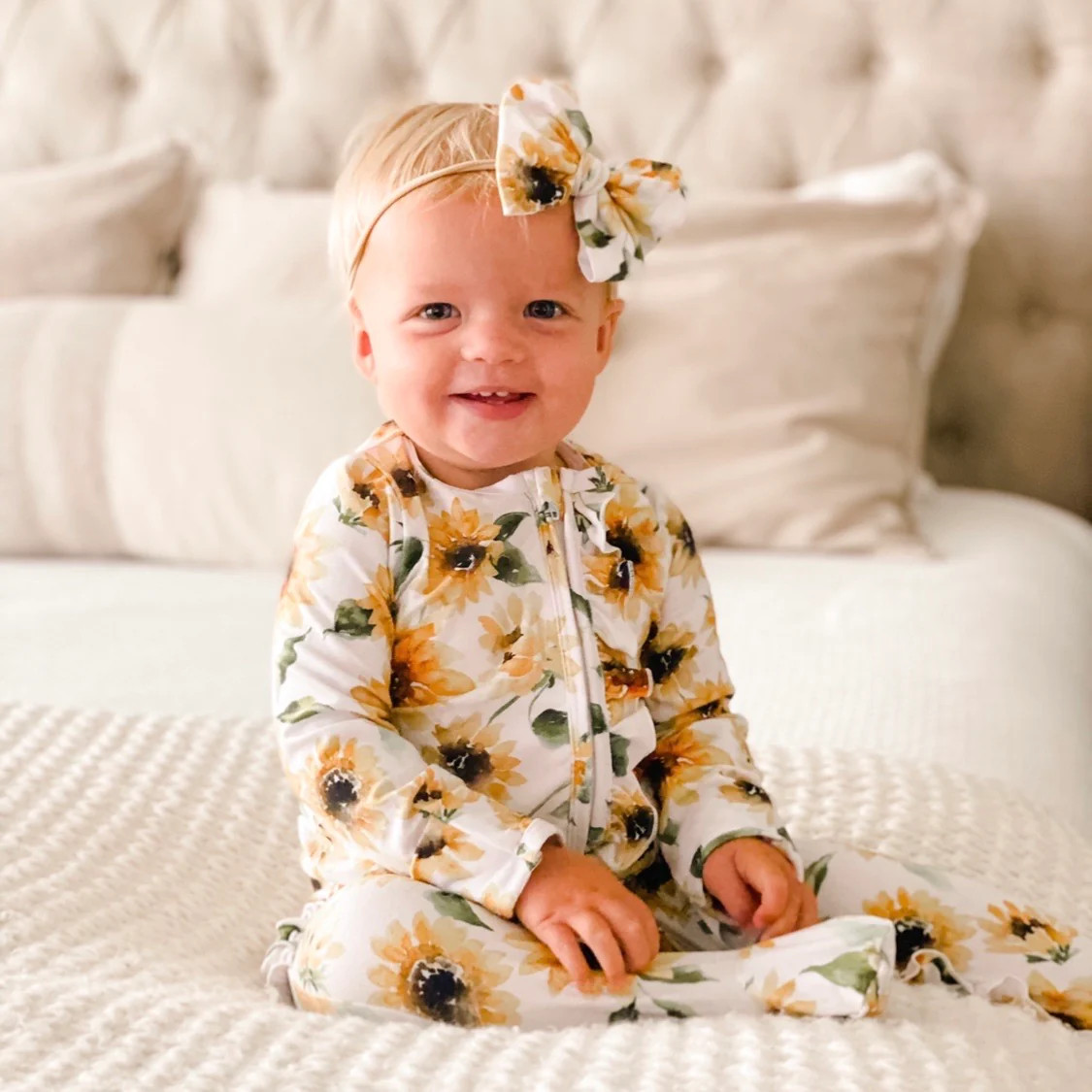 Savannah's Sunflower Zipper Ruffle Footie | Caden Lane