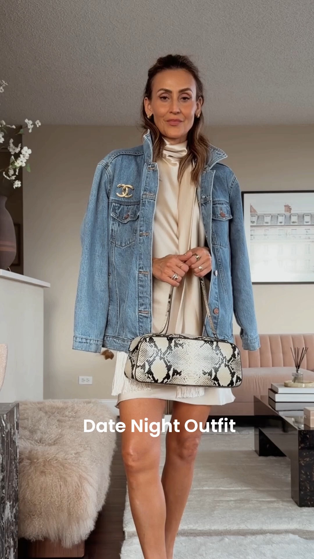 Date night outfit ✨ comment DATE for links! 

This backless satin dress is beautiful, fully lined and the fringe scarf add a lot of movement! I’m toning down a notch by adding the oversized denim jacket and black accessories 🖤

#LTKgrwm #LTKootd #LTKSeasonal