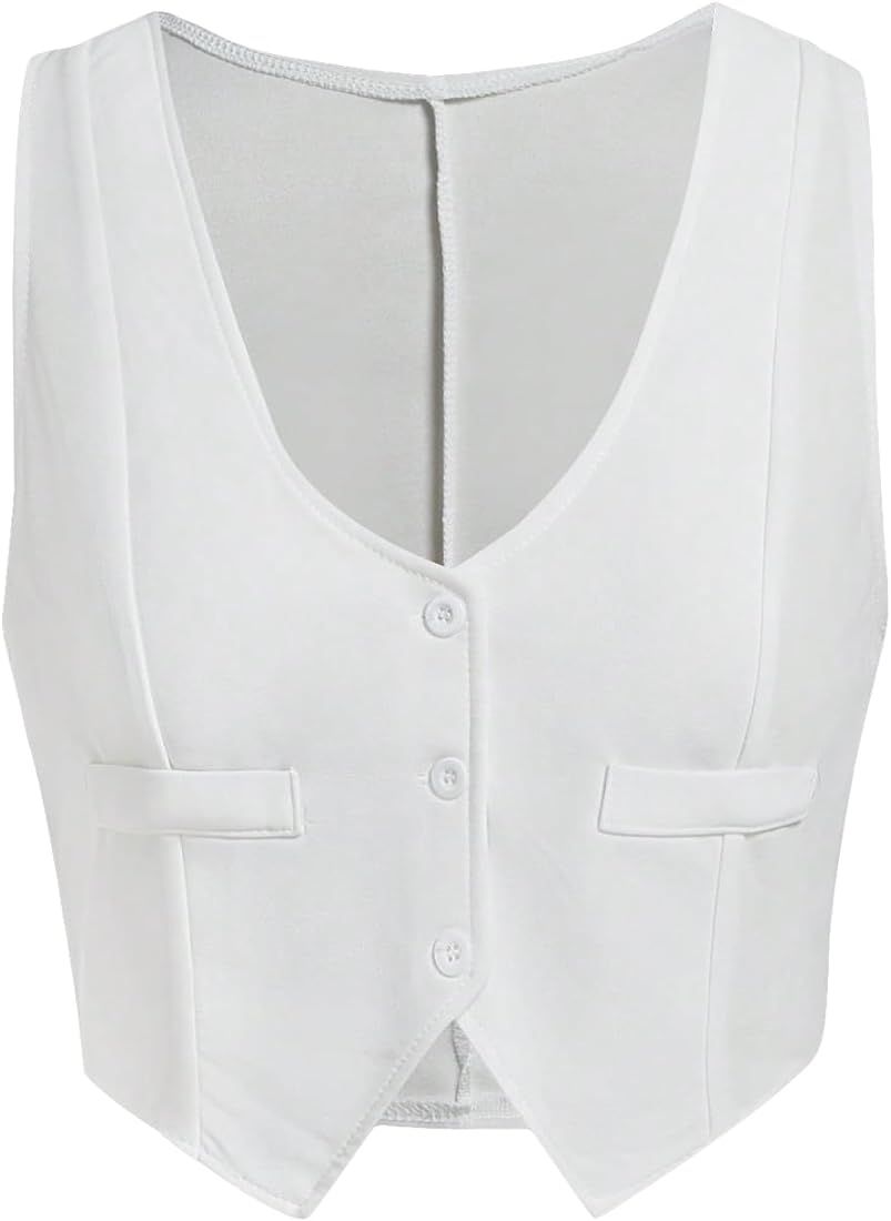 SweatyRocks Women's Solid Button Front Crop Waistcoat V Neck Sleeveless Blazers | Amazon (US)