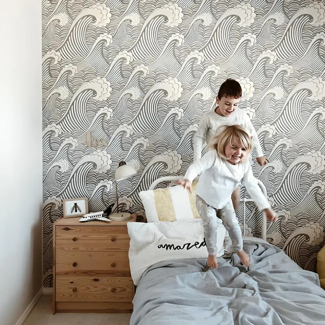 Grey Waves Wallpaper, Chinese Wave Wallpaper, Classic Wallpaper, Black and White, Vintage Wallpap... | Etsy (US)