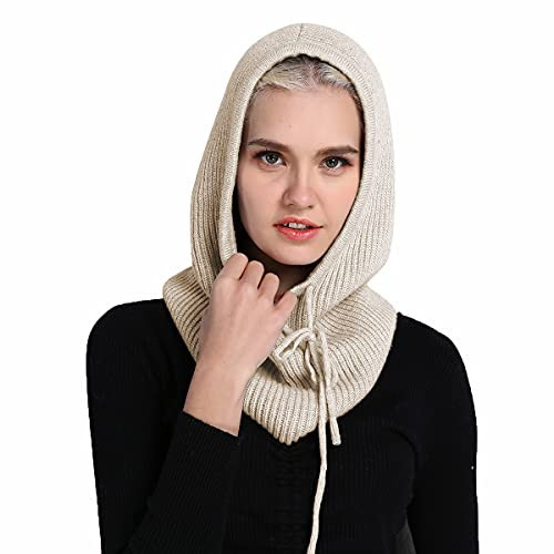 Facecozy Winter Hats for Women, Wool Blend Hooded Scarf Hat for Women Balaclava Knit Skull Cap Beanie Hat Men Neck Gaiters Light Beige | Amazon (US)