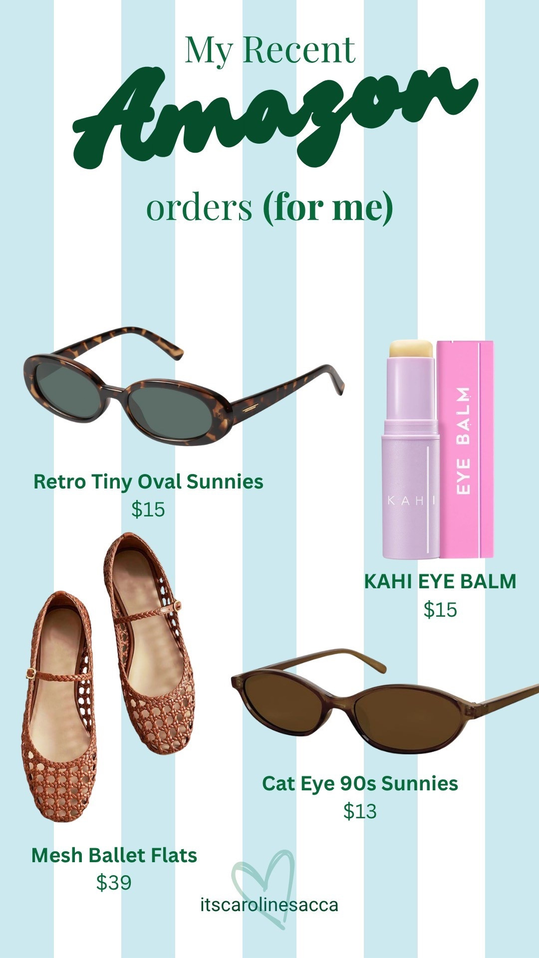 Amazon finds lately and I’m obsessed 🤍
These affordable staples are giving effortless chic for spring + summer — from retro sunnies to the cutest mesh ballet flats.

✔️ Tiny oval sunglasses (major 90s vibe)
✔️ Cat eye sunnies for everyday elevated looks
✔️ Viral KAHI eye balm for glowy, hydrated skin
✔️ Mesh ballet flats that make any outfit feel put together

Everything is budget-friendly and easy to style — linking all my recent Amazon favorites here ✨ #amazonfinds 


#LTKootd #LTKBeauty