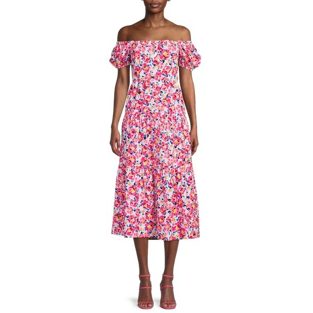 Time and Tru Women's Button Front Short Sleeve off Shoulder Dress - Walmart.com | Walmart (US)