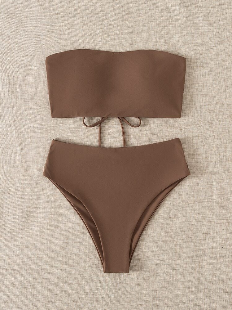 SHEIN Swim Summer Beach Lace Up Bandeau Bra & Swim Bottom Bikini Bathing Suit | SHEIN