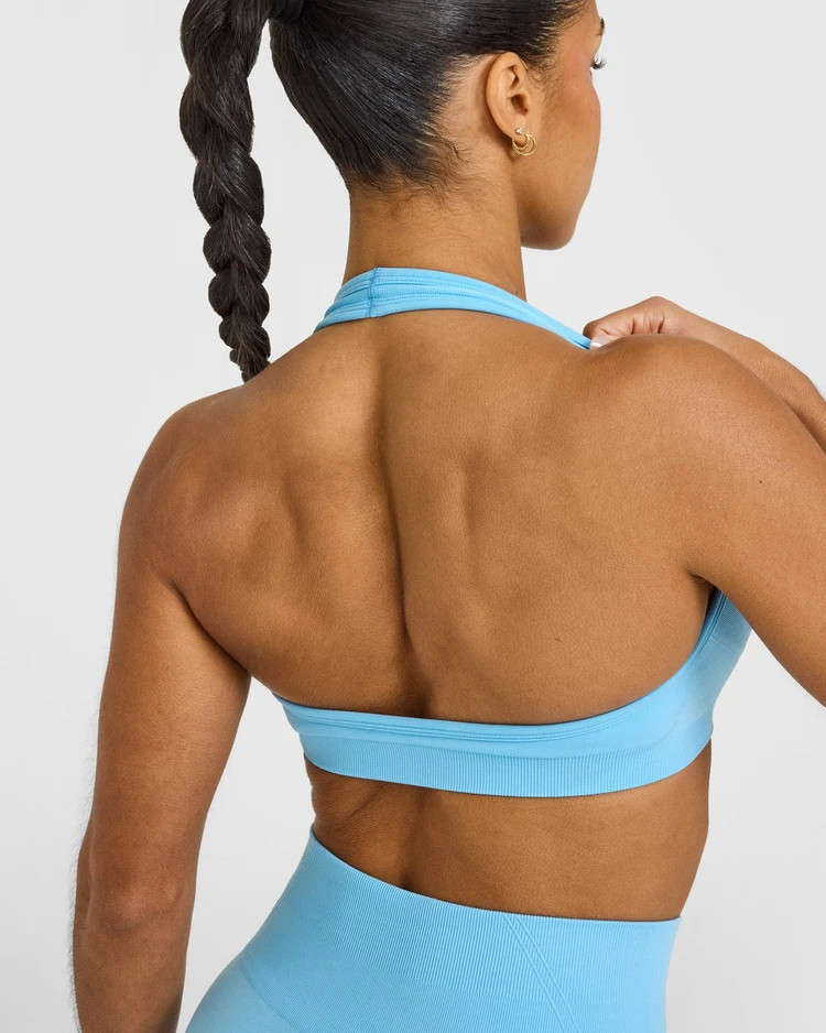 EffortlessLift\u2122 Seamless Halter Neck Sports Bra with White Logo
Arctic Blue | Oner Active (UK / US)