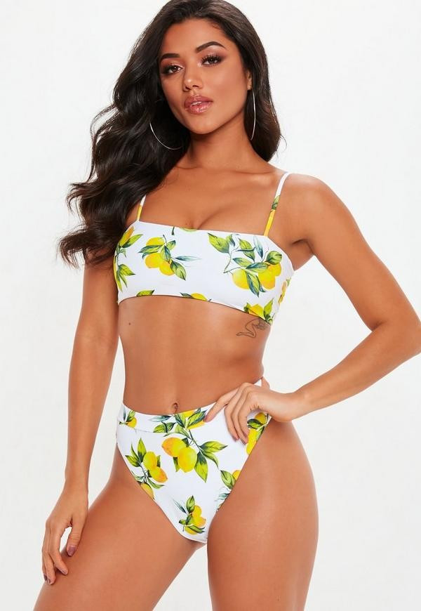 Haut de bikini blanc imprimé citrons bandeau bretelles fines | Missguided (FR)