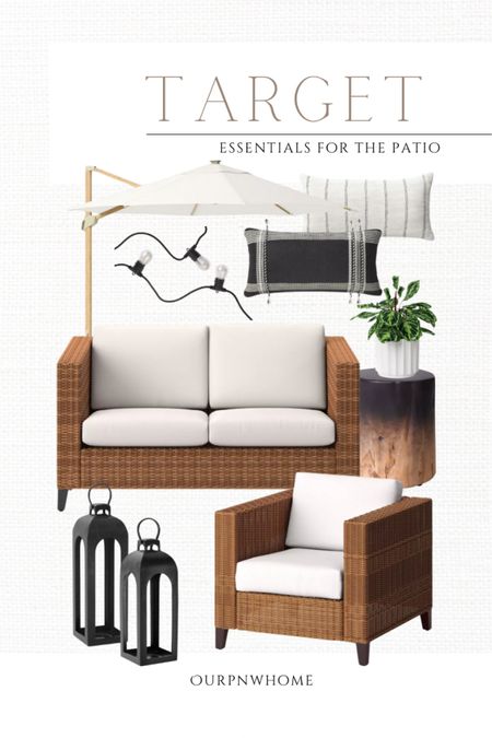 Patio essential at Target 🎯 

Wicker patio furniture, patio sofa, outdoor couch, outdoor chair, patio chair, black and white patio, patio throw pillows, outdoor accent pillows, wood end table, patio accent table, outdoor lanterns, bistro lights, cafe lights, outdoor string lights, patio umbrella, outdoor umbrella, fluted planter pot

#LTKhome #LTKSeasonal #LTKstyletip