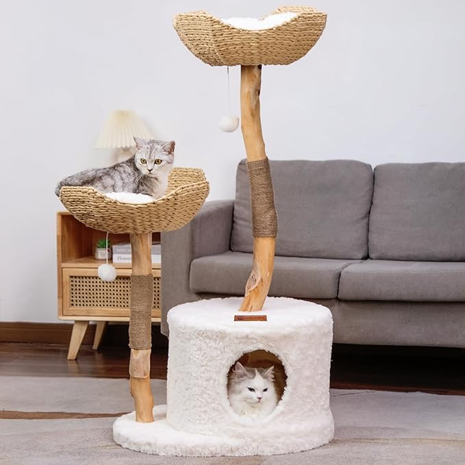 U-Moving 46" Natural Wood Cat Tree for Indoor Cats, Modern Cat Tower for Large Cats, Real Branch ... | Amazon (US)