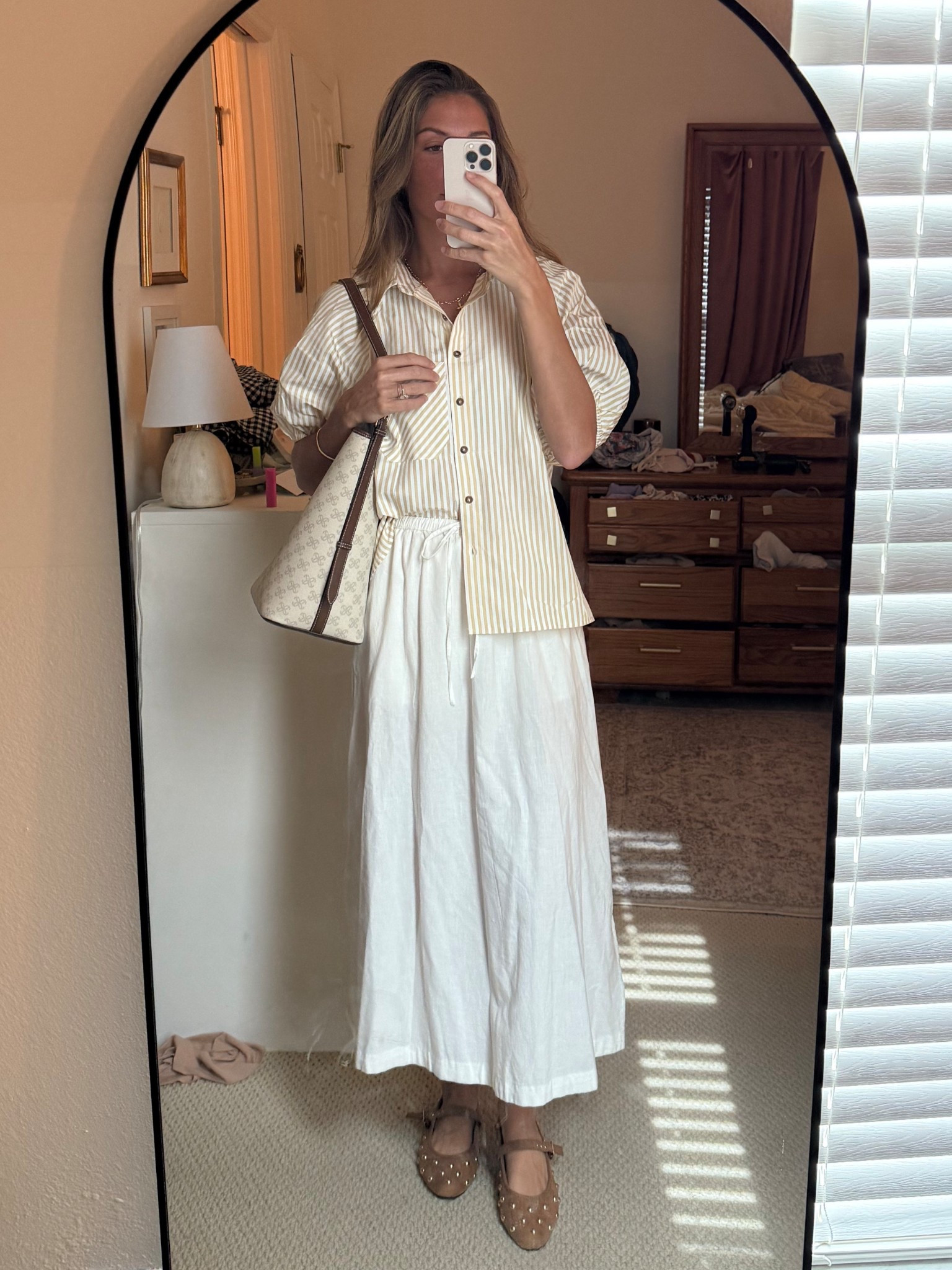 Linen skirt: Small; Puff sleeve button down blouse: Small; Shoes: 8.5 (TTS). 

#LTKSaleAlert #LTKFindsUnder50 #LTKFindsUnder100