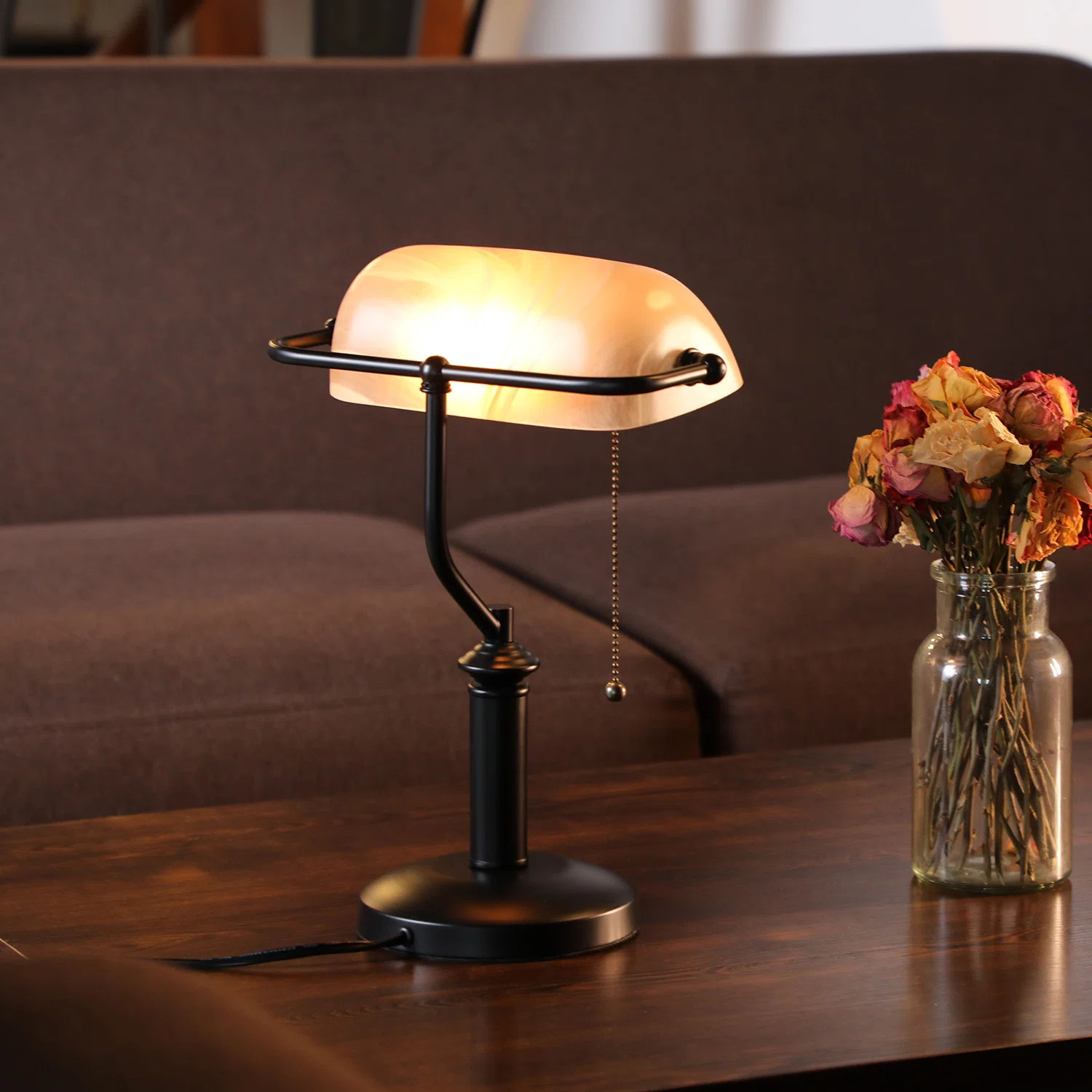 Canora Grey Fallon Vintage Bankers Lamp with Pull Chain Switch Traditional Amber Glass Shade Tabl... | Wayfair North America