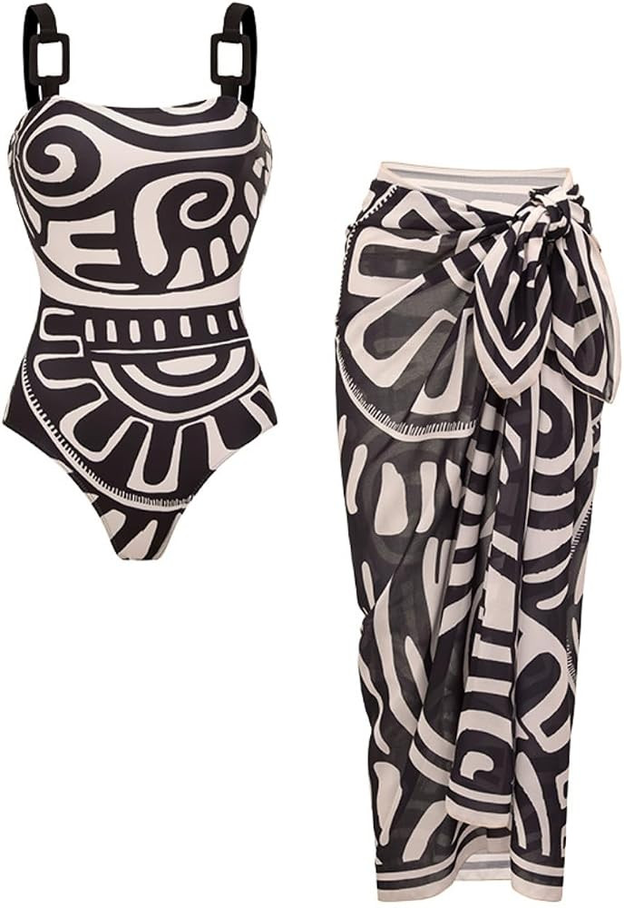 FLAXMAKER Womens Bathing Suits Adjustable Shoulder Straps Black Tribal Print Swimsuit and Skirt | Amazon (US)