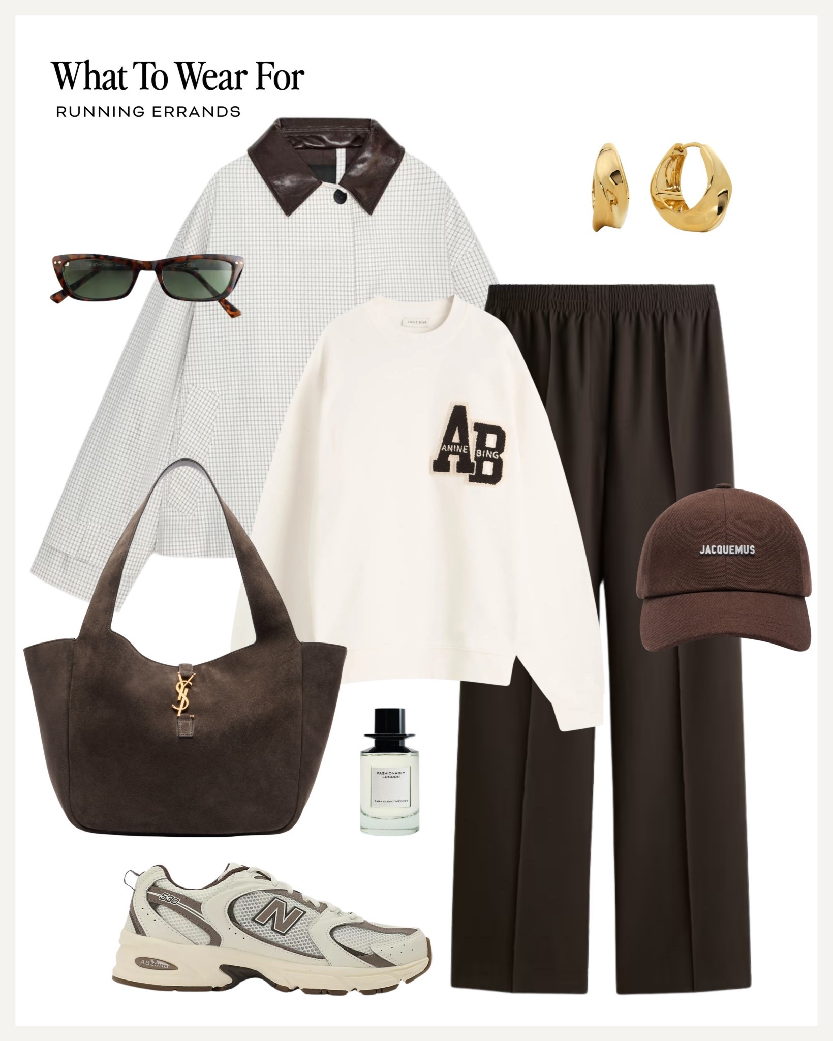 Running errands 👟 

Autumn outfit / brown tonal / anine bing sweatshirt / pulling trousers / new balance trainers / saint Laurent suede bag 