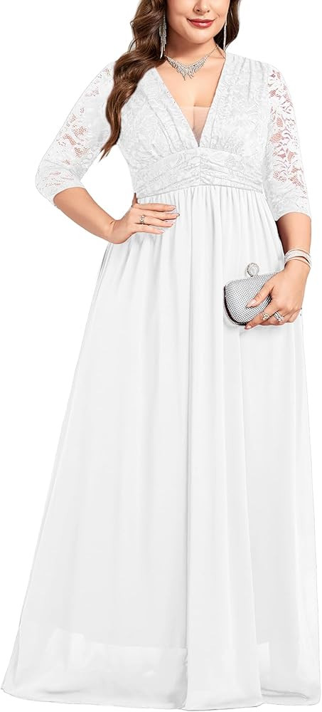 ZOMVA Plus Size Foraml Maxi Dress Deep V-Neck 3/4 Sleeve Lace Chiffon Wedding Dresses Cocktail Pa... | Amazon (US)