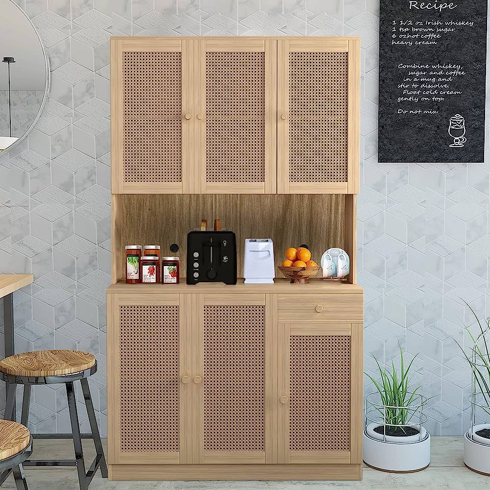Wirrtory 71” Rattan Freestanding Kitchen Pantry Storage Cabinet, Buffet Cupboards Sideboard Mod... | Amazon (US)