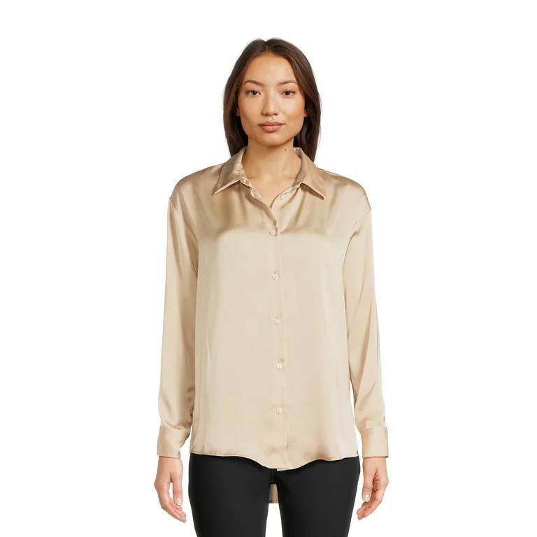 Time and Tru Women's Satin Button Down Shirt | Walmart (US)