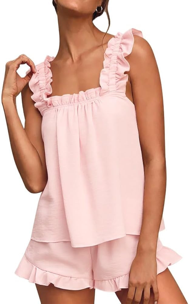 Marvmys Womens Pajamas Set 2 Piece Ruffle Bridal Cute Pajamas Sexy Tank Top and Shorts Bride Slee... | Amazon (US)