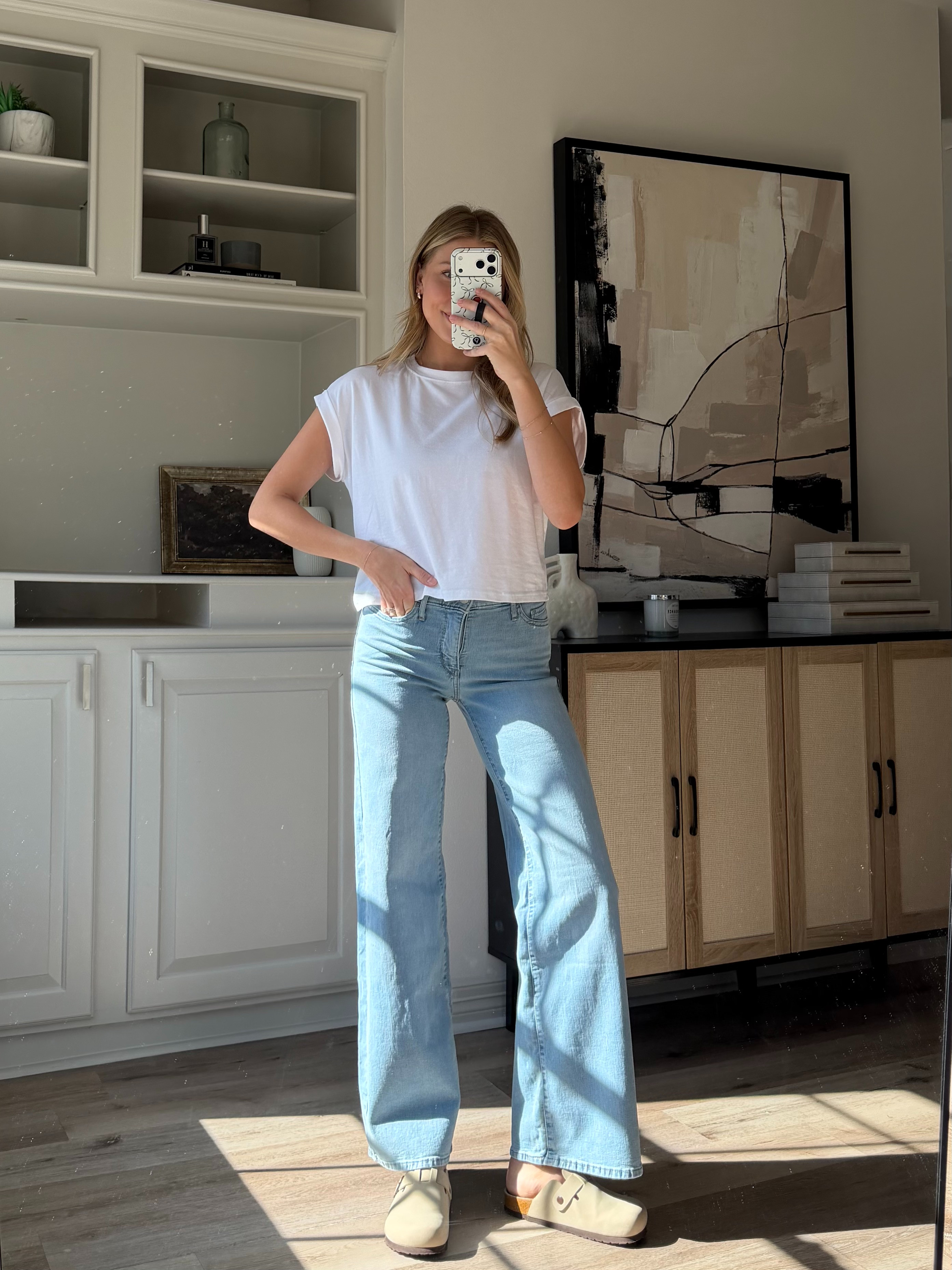 New wide leg jeans that are so cute !!!! Wearing 26 + M in white tee.  

 
