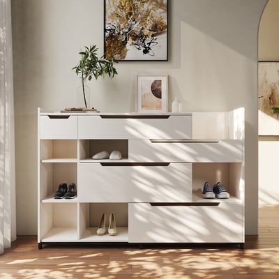 Nordic White Shoe Storage Cabinet with 7 Shelves 5 Drawers Entryway Shoe Storage-Homary | Homary