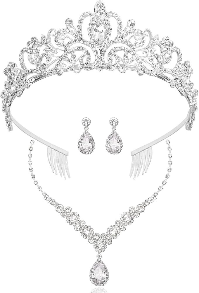 COCIDE Silver Jewelry Set for Women Crystal Tiara and Necklace Kit for Girls Rhinestone Crown Ear... | Amazon (US)