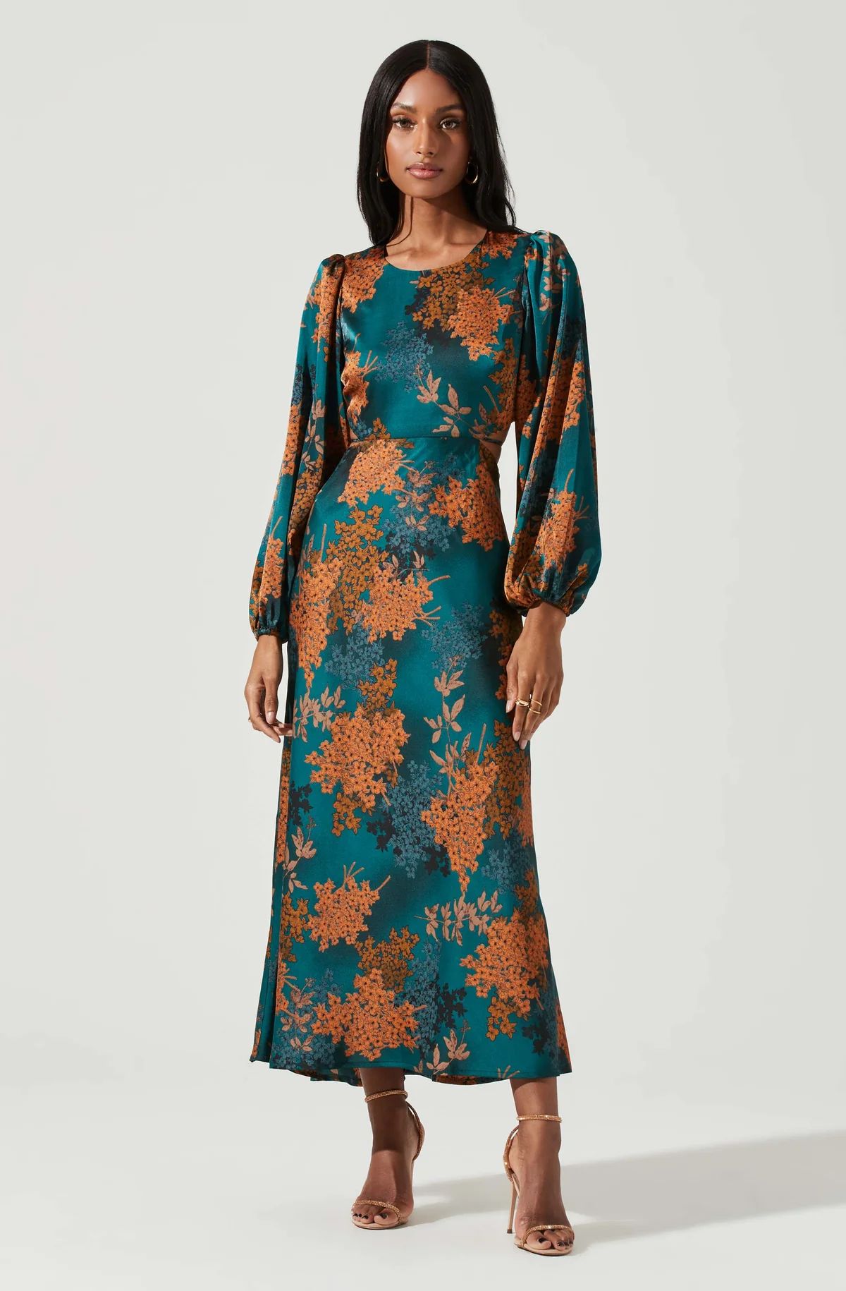 Quinn Floral Cutout Midi Dress - Green rust floral / S | ASTR The Label (US)