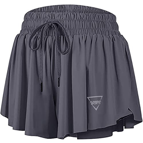 Womens 2 in 1 Flowy Athletic Shorts with Pocket Butterfly Running Workout Shorts Sweat Spandex Lounge Gym Yoga Summer Skirts (Grey,Small) | Amazon (US)