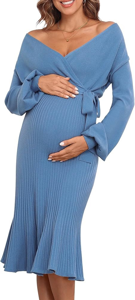 V FOR CITY Maternity Sweater Dress Women Spring Wrap V Neck Pleated A Line Waist with Belt Pregna... | Amazon (US)