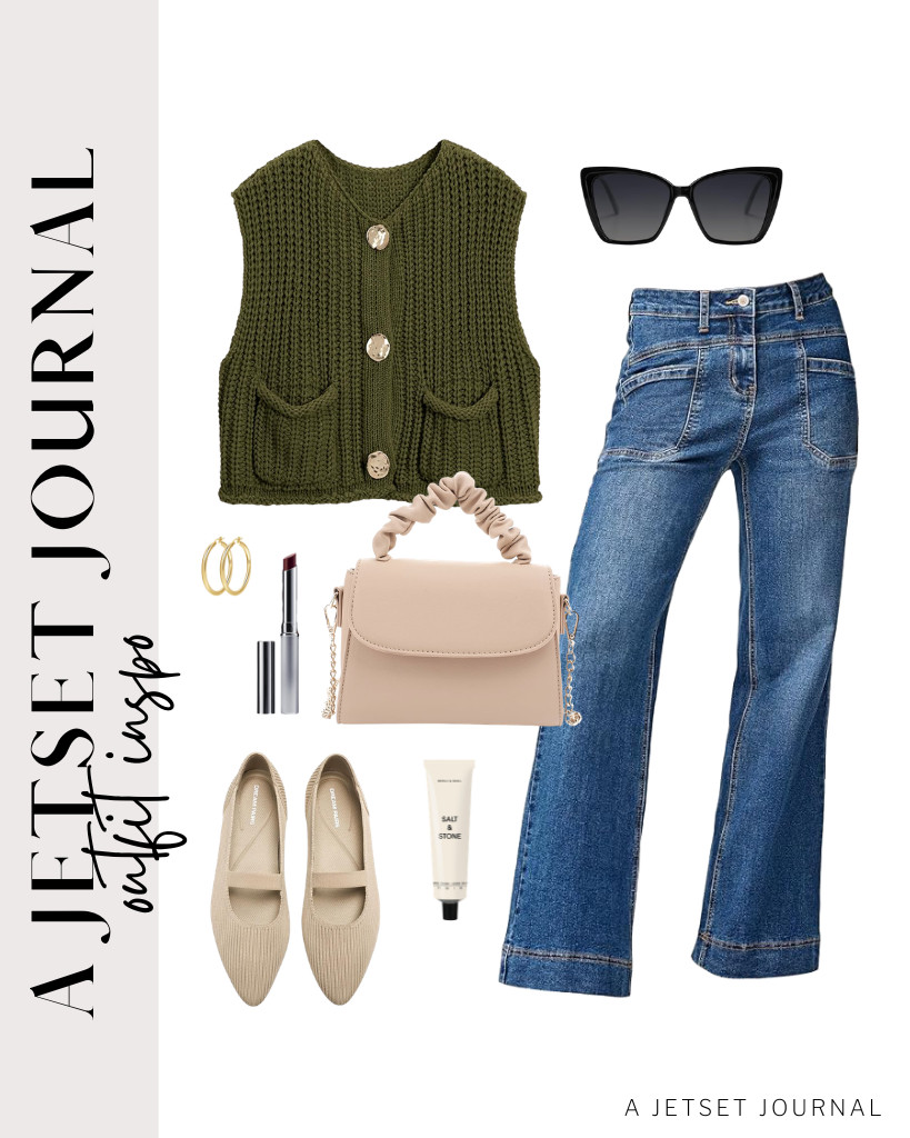 So excited to share these styling inspo for a chic look this weekend.

This army-green chunky-knit sweater vest pairs well with EVALESS wide-leg jeans. Style it with a mini top-handle bag, gold hoop earrings, and knit ballet flats. 

 #LTKSeasonal #LTKSaleAlert #LTKTravel