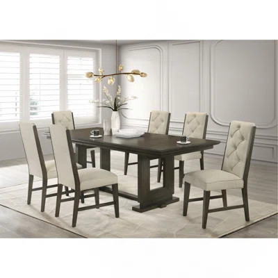Rectangular Extendable Leaf Dining Table Trestle / Pedestal Base Beige Fabric Upholstered Button Tufted Chairs Wooden Dining Room Furniture Contempor | Wayfair North America
