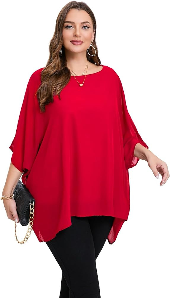 Womens 3/4 Batwing Sleeve Plus Size Elegant Summer Cape Blouse Scoop Neck Oversized Long Casual T... | Amazon (US)